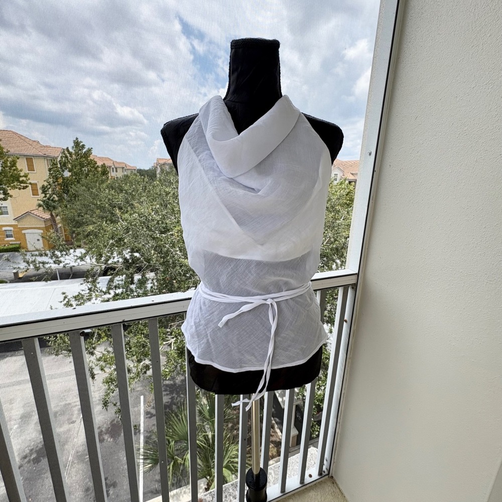 ZARA Sheer Cowl Neck Tie Waist Halter Top S White